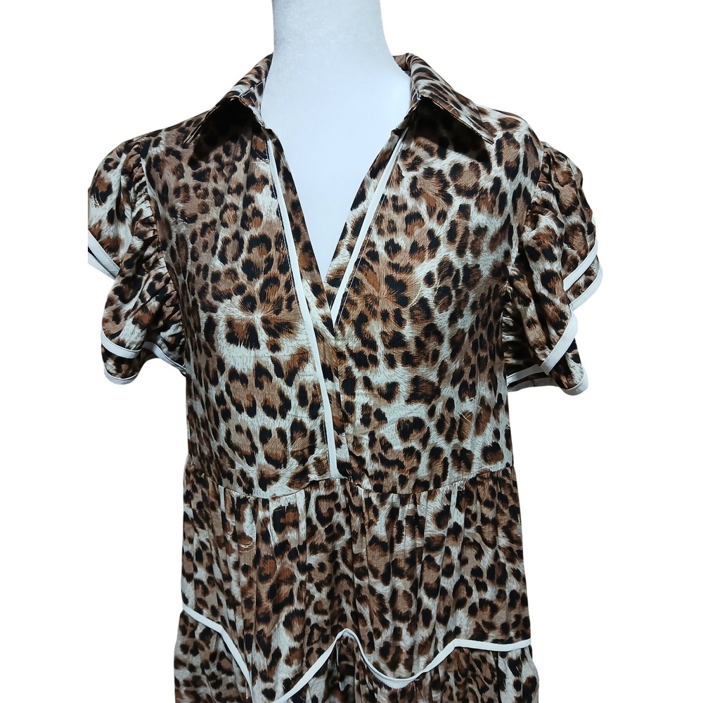 She + Sky Leopard Print Tiered Babydoll Mini Dress Ruffle Sleeve Brown White M - Picture 4 of 10
